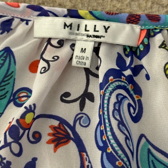 Milly Womans Peasant Top Size M Colorful Semi sheer Top Blouse Tassle Tie Shirt - Picture 2 of 8